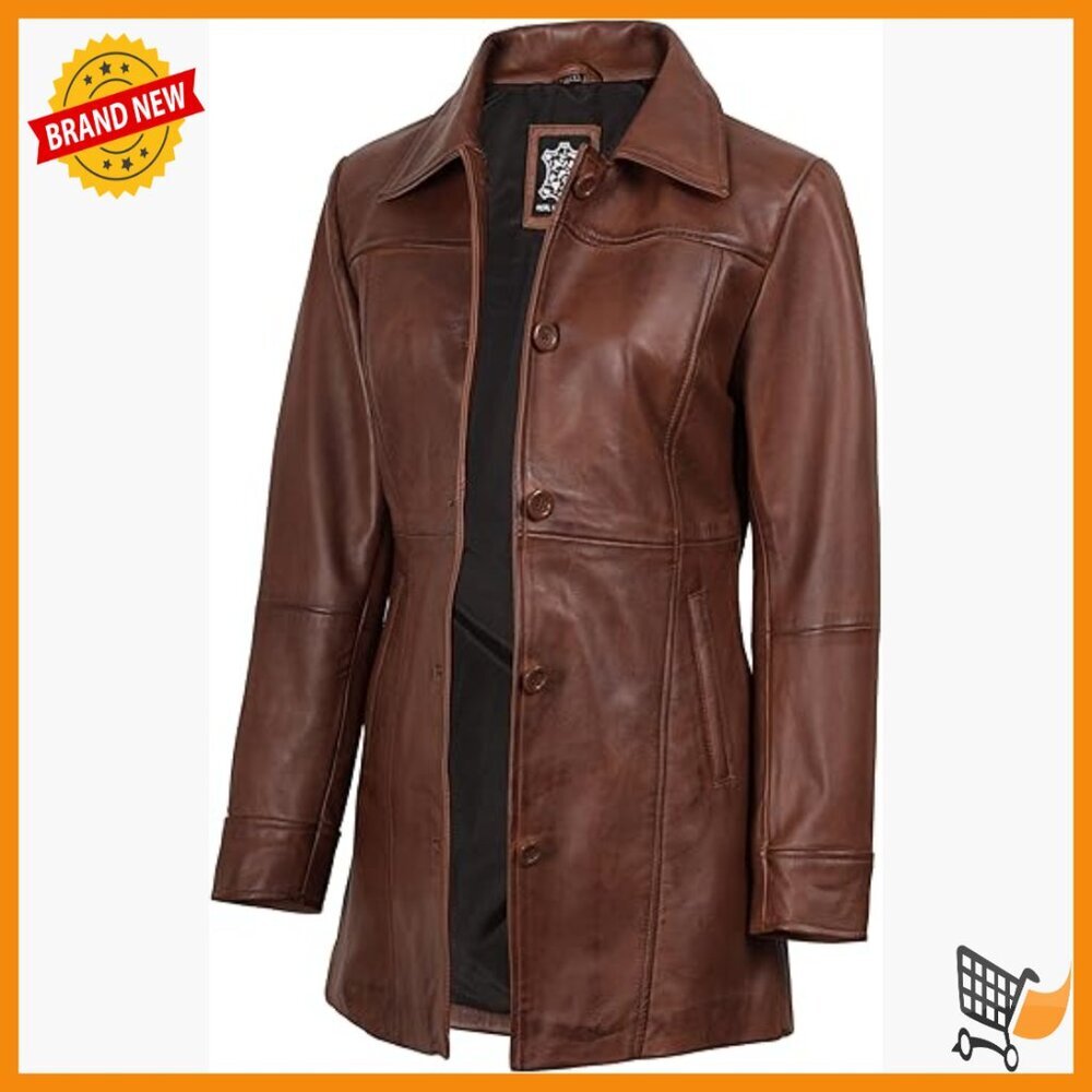 Real Lambskin Leather Coat Women's Aviator Style Long Sleeve Button Closure